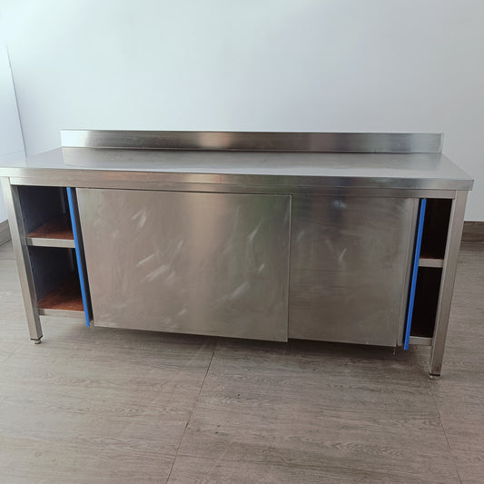 BANCO IN ACCIAIO INOX 2 ANTE SCORREVOLI CON RIPIANO INTERNO 185 x 55